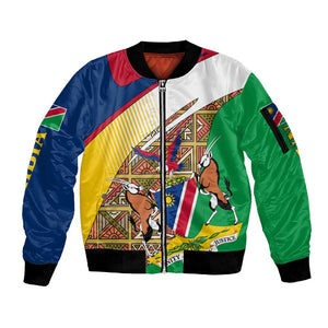 Afro Namibia Map Sleeve Zip Bomber Jacket National Emblem and Cultural Motif Design