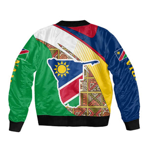 Afro Namibia Map Sleeve Zip Bomber Jacket National Emblem and Cultural Motif Design