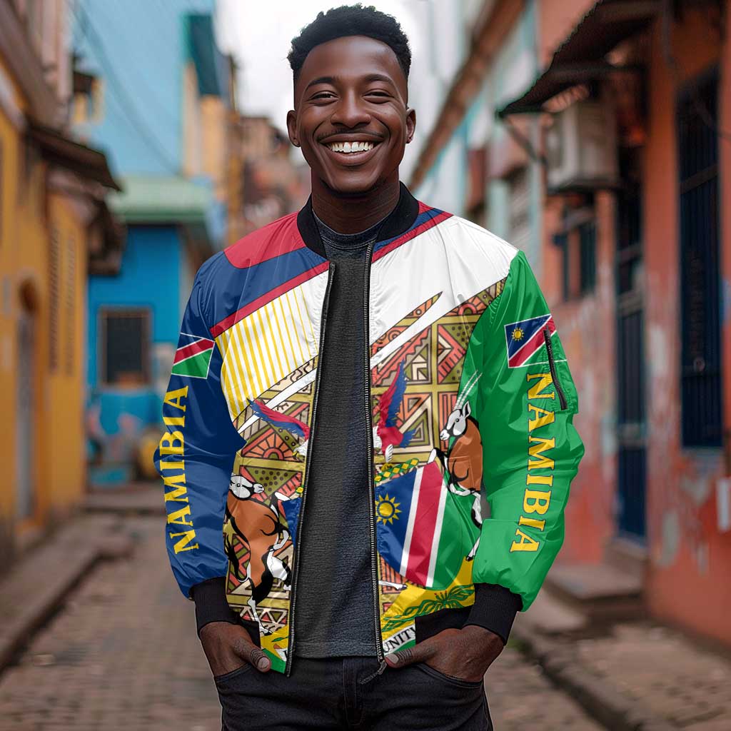 Afro Namibia Map Sleeve Zip Bomber Jacket National Emblem and Cultural Motif Design