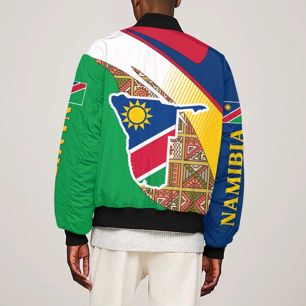 Afro Namibia Map Sleeve Zip Bomber Jacket National Emblem and Cultural Motif Design