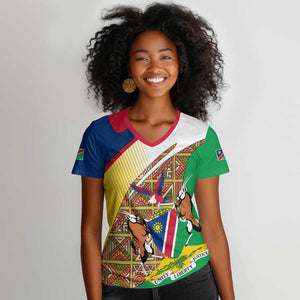 Afro Namibia Map Women V-Neck T-Shirt National Emblem and Cultural Motif Design