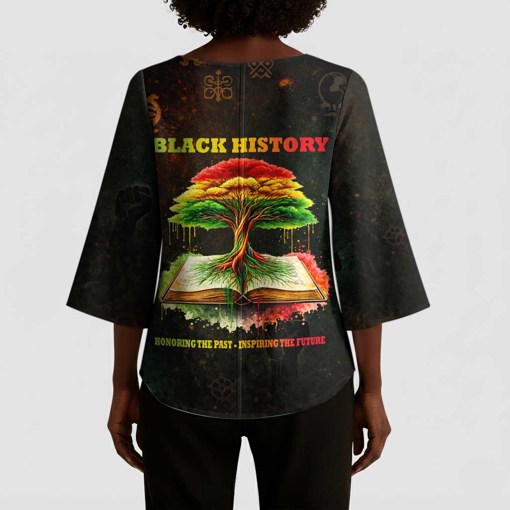 Black History Tree of Knowledge Kimono Sleeve Blouse Pan-African Afrocentric Drip Art Illustration