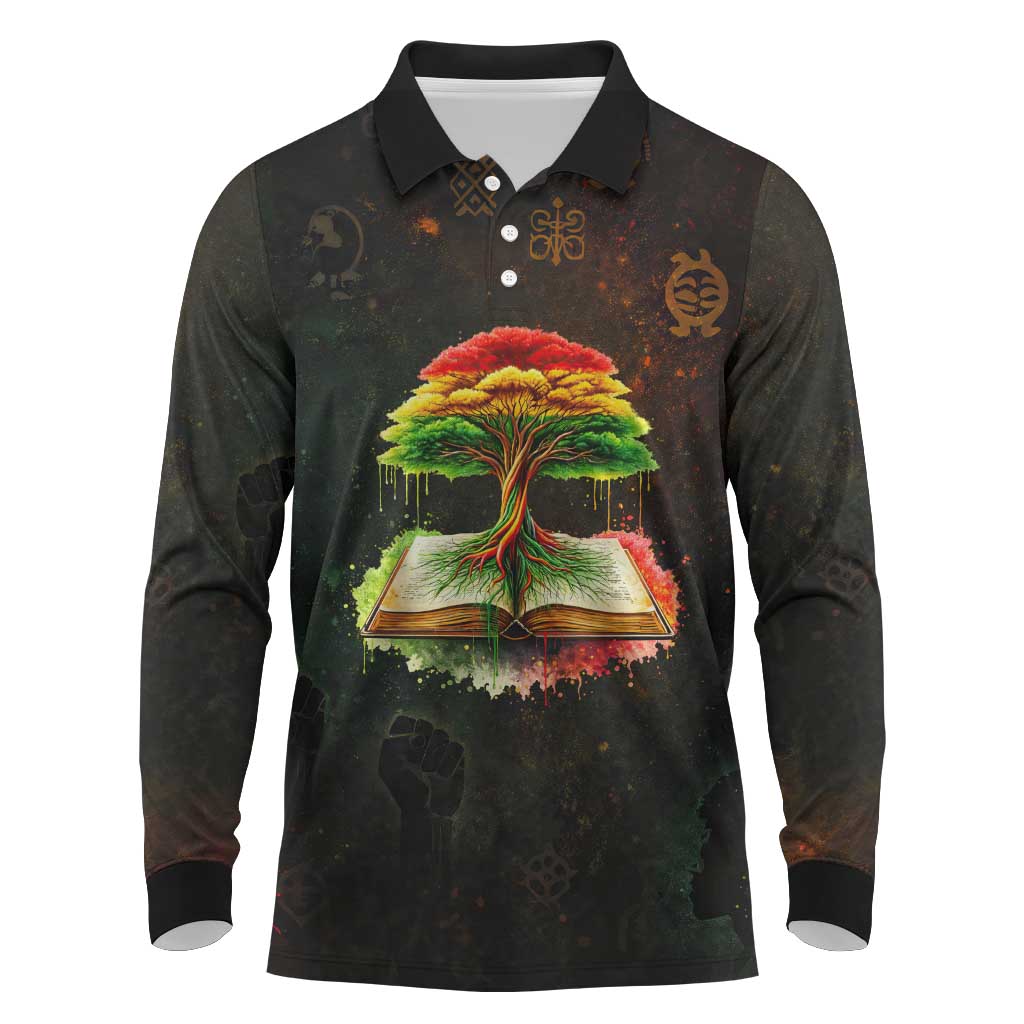 Black History Tree of Knowledge Long Sleeve Polo Shirt Pan-African Afrocentric Drip Art Illustration