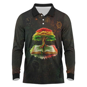 Black History Tree of Knowledge Long Sleeve Polo Shirt Pan-African Afrocentric Drip Art Illustration