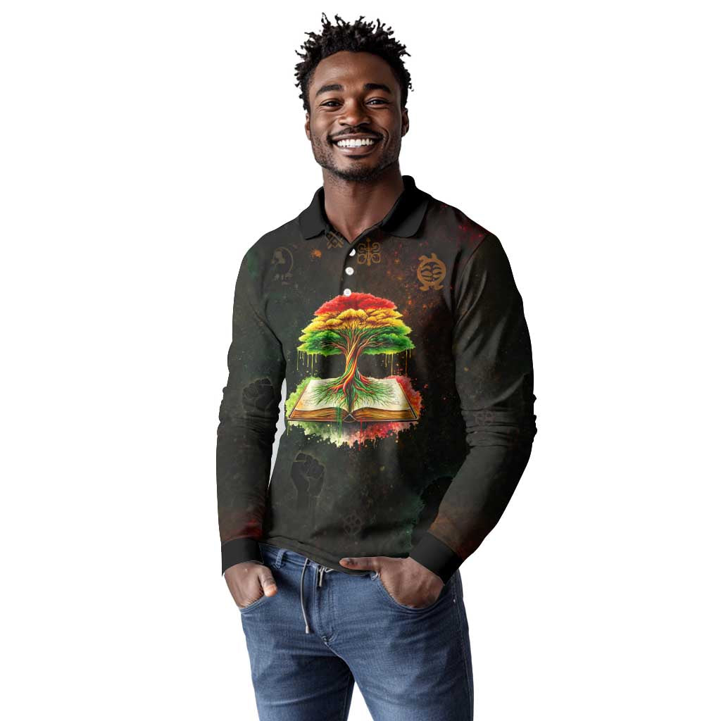 Black History Tree of Knowledge Long Sleeve Polo Shirt Pan-African Afrocentric Drip Art Illustration