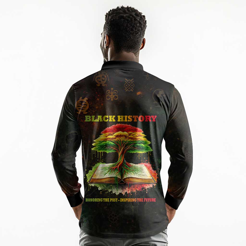 Black History Tree of Knowledge Long Sleeve Polo Shirt Pan-African Afrocentric Drip Art Illustration