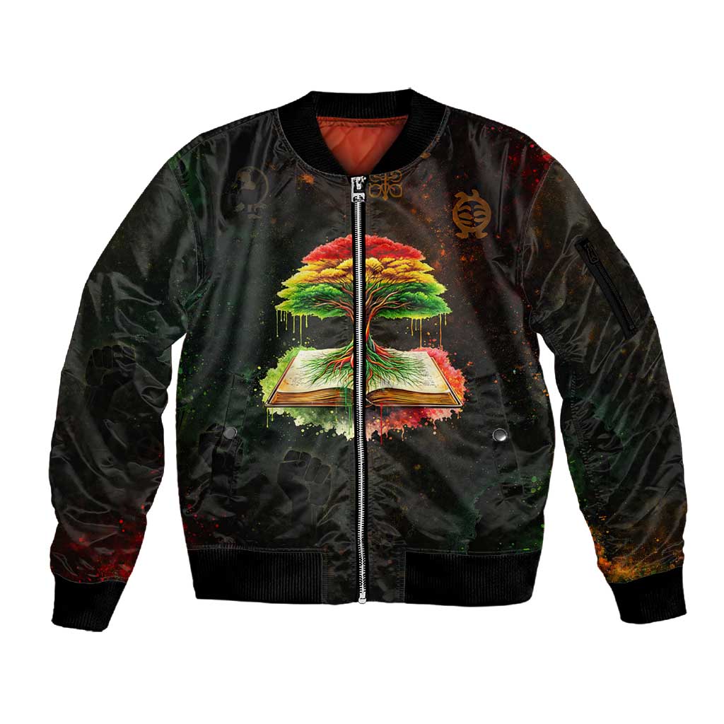 Black History Tree of Knowledge Sleeve Zip Bomber Jacket Pan-African Afrocentric Drip Art Illustration