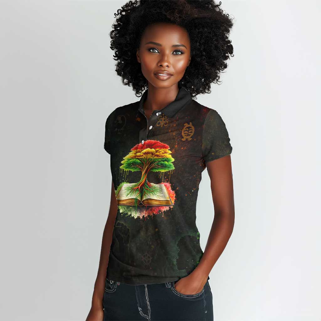 Black History Tree of Knowledge Women Polo Shirt Pan-African Afrocentric Drip Art Illustration