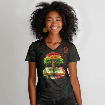 Black History Tree of Knowledge Women V-Neck T-Shirt Pan-African Afrocentric Drip Art Illustration