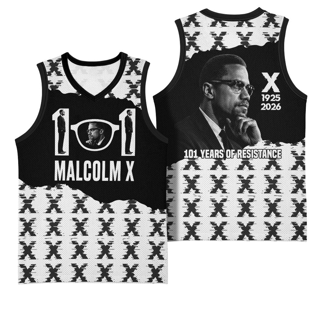 Malcolm X 101 Years Of Resistance Basketball Jersey Civil Rights Leader Portrait - Monochrome X Pattern