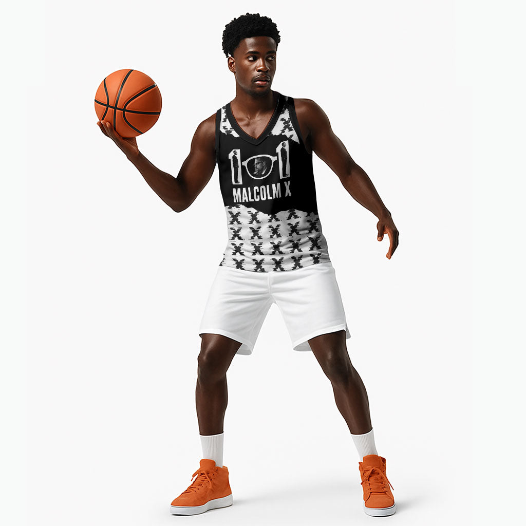 Malcolm X 101 Years Of Resistance Basketball Jersey Civil Rights Leader Portrait - Monochrome X Pattern