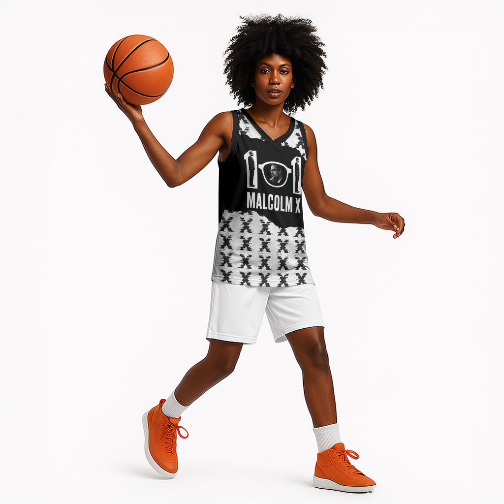 Malcolm X 101 Years Of Resistance Basketball Jersey Civil Rights Leader Portrait - Monochrome X Pattern