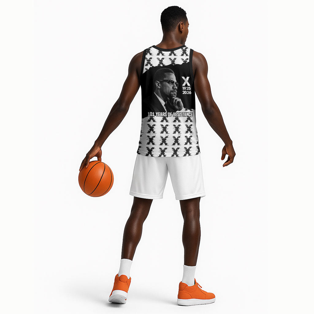 Malcolm X 101 Years Of Resistance Basketball Jersey Civil Rights Leader Portrait - Monochrome X Pattern