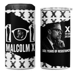 Malcolm X 101 Years Of Resistance 4 in 1 Can Cooler Tumbler Civil Rights Leader Portrait - Monochrome X Pattern