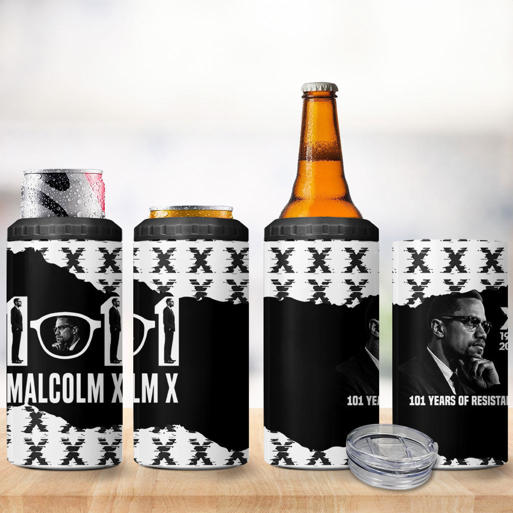 Malcolm X 101 Years Of Resistance 4 in 1 Can Cooler Tumbler Civil Rights Leader Portrait - Monochrome X Pattern