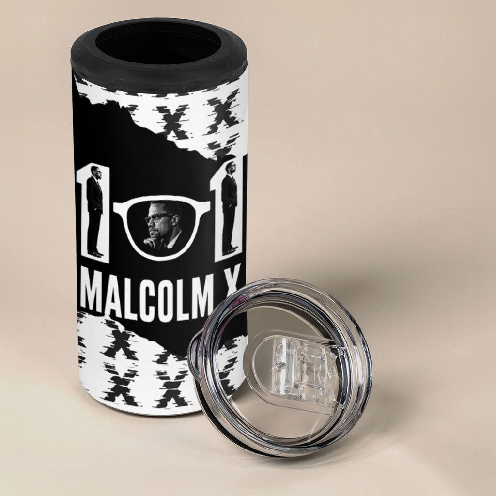 Malcolm X 101 Years Of Resistance 4 in 1 Can Cooler Tumbler Civil Rights Leader Portrait - Monochrome X Pattern