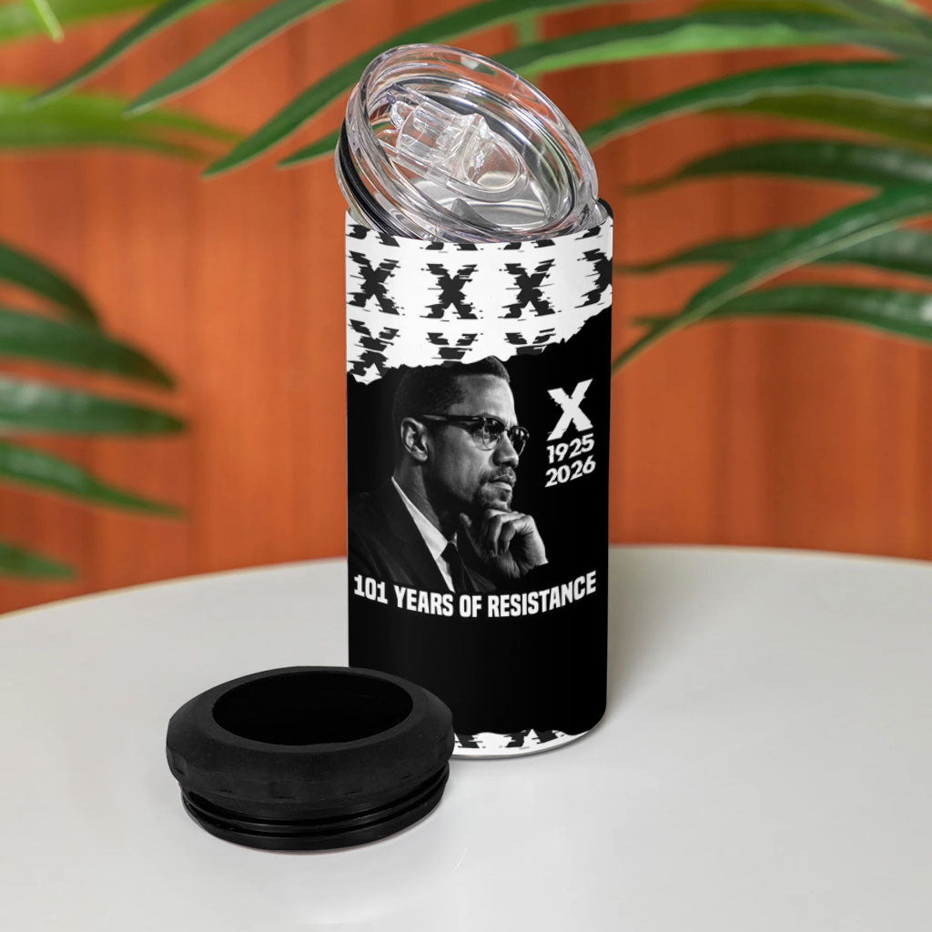 Malcolm X 101 Years Of Resistance 4 in 1 Can Cooler Tumbler Civil Rights Leader Portrait - Monochrome X Pattern