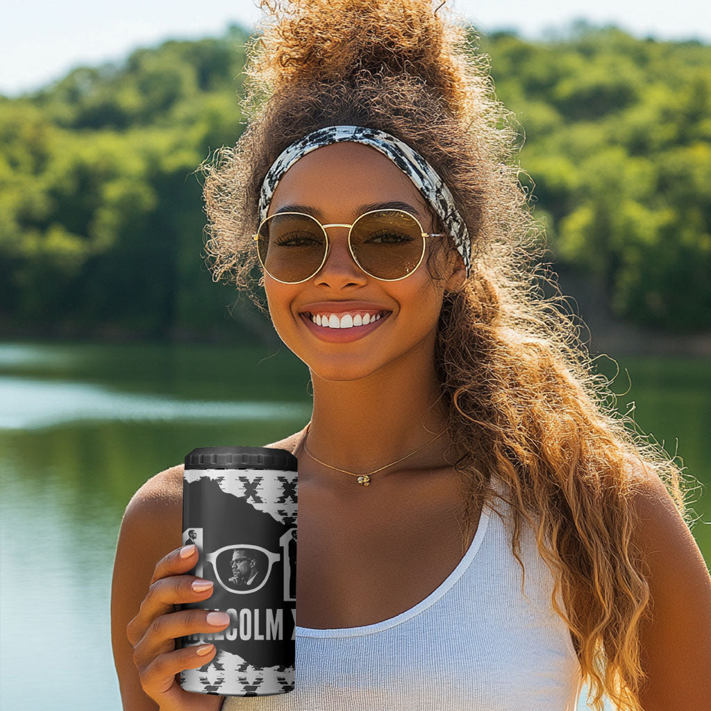 Malcolm X 101 Years Of Resistance 4 in 1 Can Cooler Tumbler Civil Rights Leader Portrait - Monochrome X Pattern