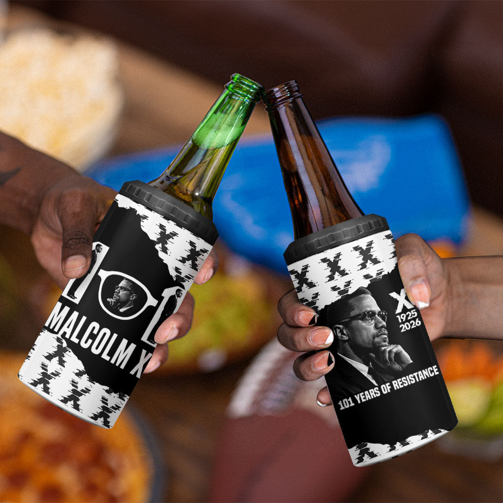 Malcolm X 101 Years Of Resistance 4 in 1 Can Cooler Tumbler Civil Rights Leader Portrait - Monochrome X Pattern