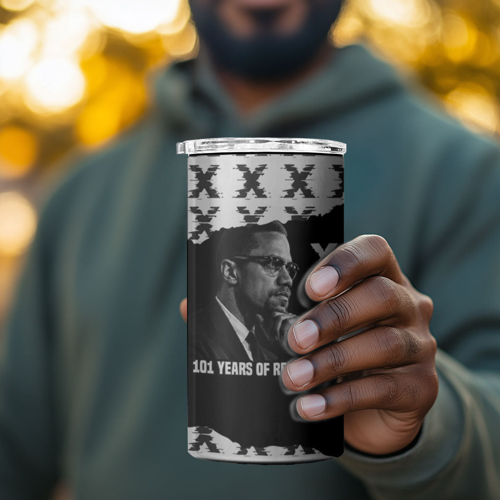 Malcolm X 101 Years Of Resistance 4 in 1 Can Cooler Tumbler Civil Rights Leader Portrait - Monochrome X Pattern