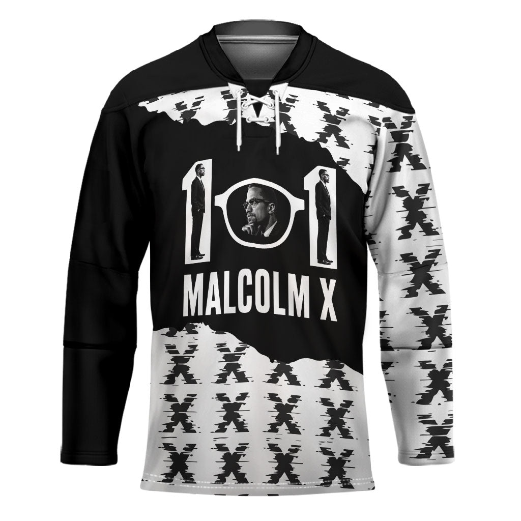 Malcolm X 101 Years Of Resistance Hockey Jersey Civil Rights Leader Portrait - Monochrome X Pattern