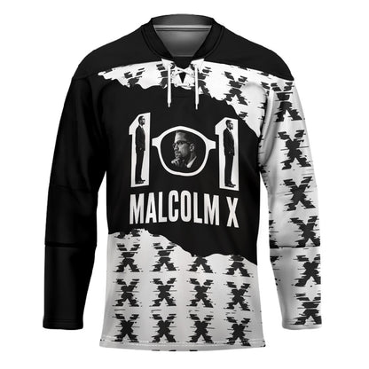 Malcolm X 101 Years Of Resistance Hockey Jersey Civil Rights Leader Portrait - Monochrome X Pattern