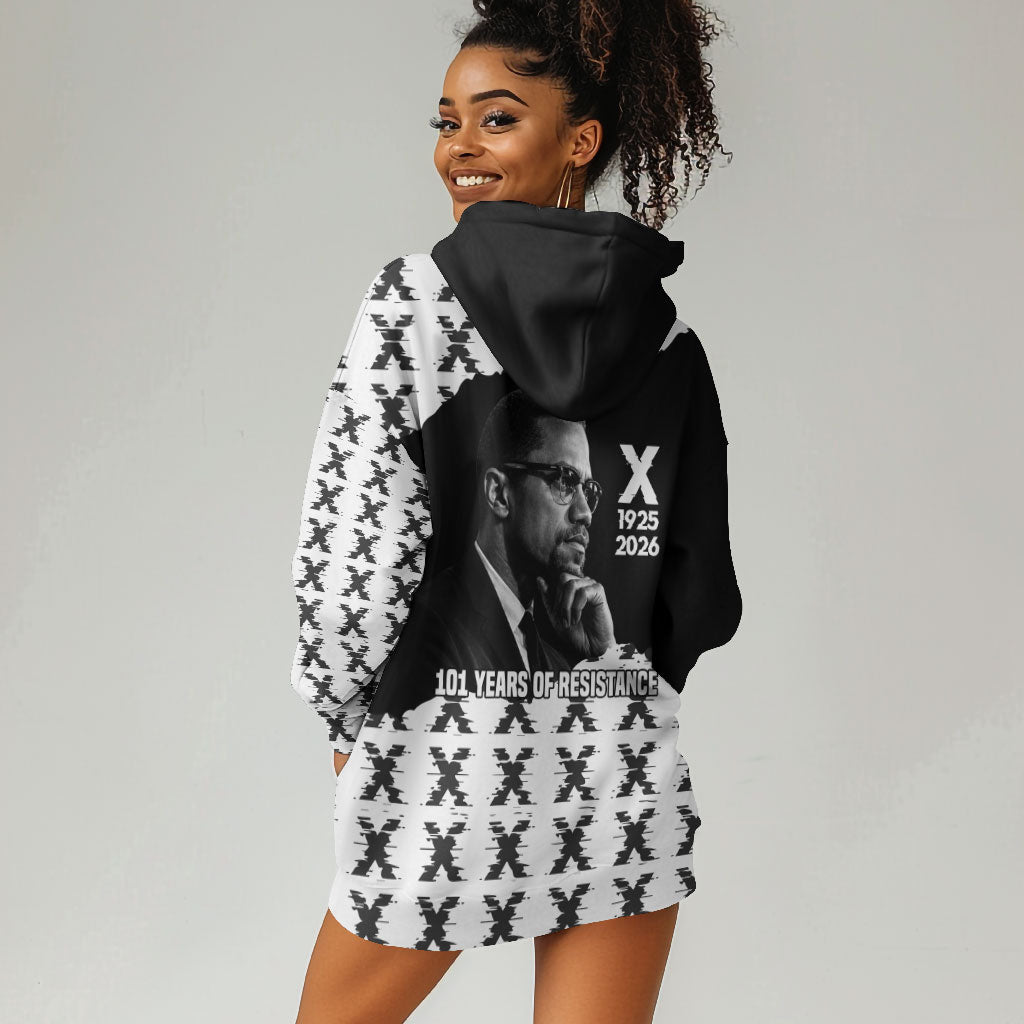 Malcolm X 101 Years Of Resistance Hoodie Dress Civil Rights Leader Portrait - Monochrome X Pattern