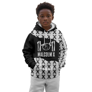 Malcolm X 101 Years Of Resistance Kid Hoodie Civil Rights Leader Portrait - Monochrome X Pattern