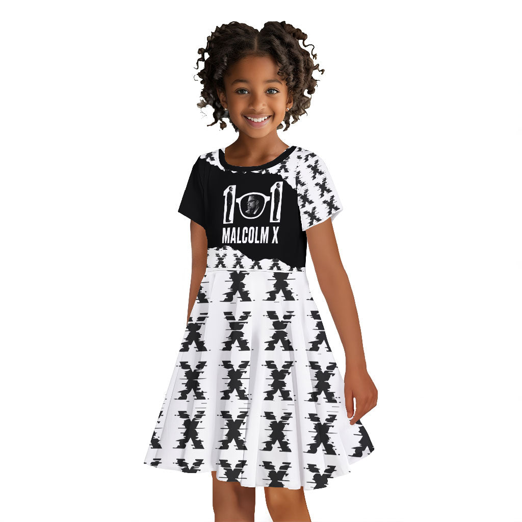Malcolm X 101 Years Of Resistance Kid Short Sleeve Dress Civil Rights Leader Portrait - Monochrome X Pattern