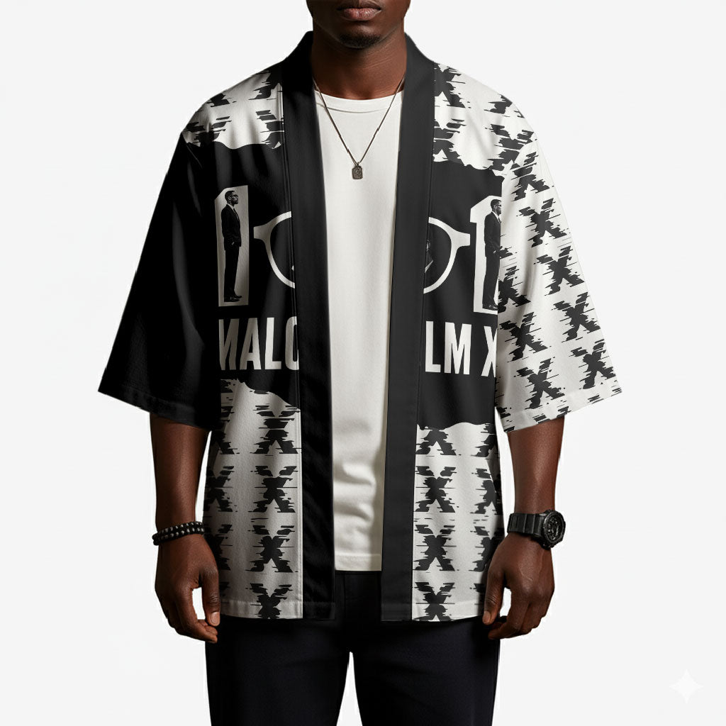 Malcolm X 101 Years Of Resistance Kimono Civil Rights Leader Portrait - Monochrome X Pattern