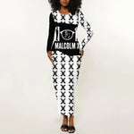 Malcolm X 101 Years Of Resistance Long Sleeve Bodycon Dress Civil Rights Leader Portrait - Monochrome X Pattern