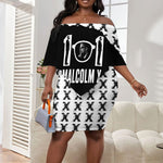 Malcolm X 101 Years Of Resistance Off Shoulder Short Dress Civil Rights Leader Portrait - Monochrome X Pattern