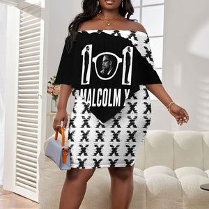 Malcolm X 101 Years Of Resistance Off Shoulder Short Dress Civil Rights Leader Portrait - Monochrome X Pattern