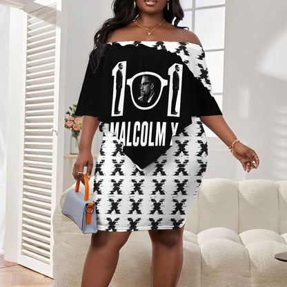 Malcolm X 101 Years Of Resistance Off Shoulder Short Dress Civil Rights Leader Portrait - Monochrome X Pattern