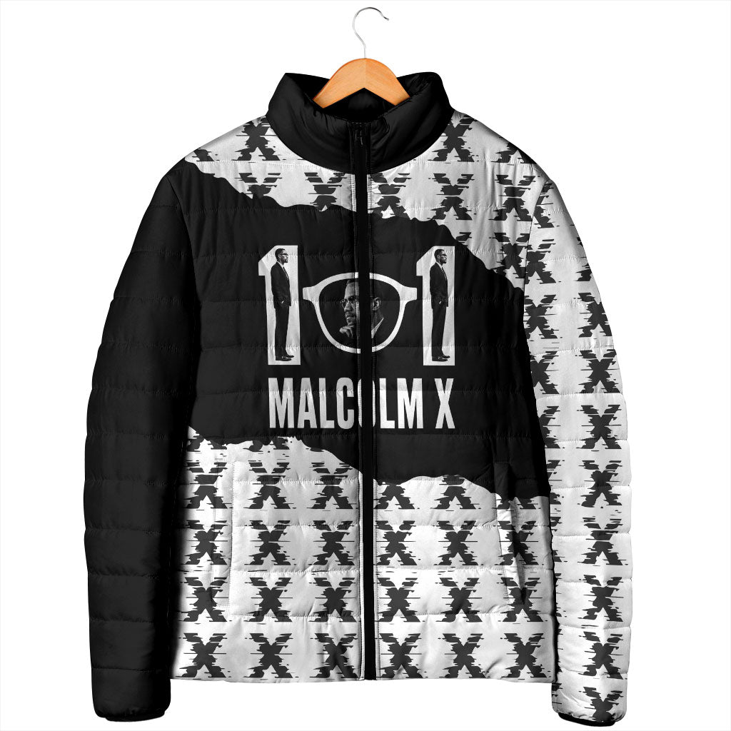 Malcolm X 101 Years Of Resistance Padded Jacket Civil Rights Leader Portrait - Monochrome X Pattern