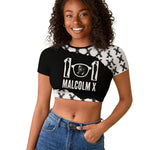 Malcolm X 101 Years Of Resistance Raglan Cropped T shirt Civil Rights Leader Portrait - Monochrome X Pattern
