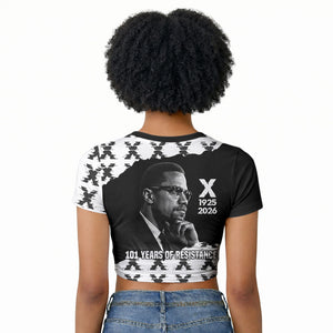 Malcolm X 101 Years Of Resistance Raglan Cropped T shirt Civil Rights Leader Portrait - Monochrome X Pattern