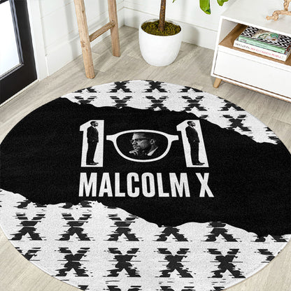 Malcolm X 101 Years Of Resistance Round Carpet Civil Rights Leader Portrait - Monochrome X Pattern
