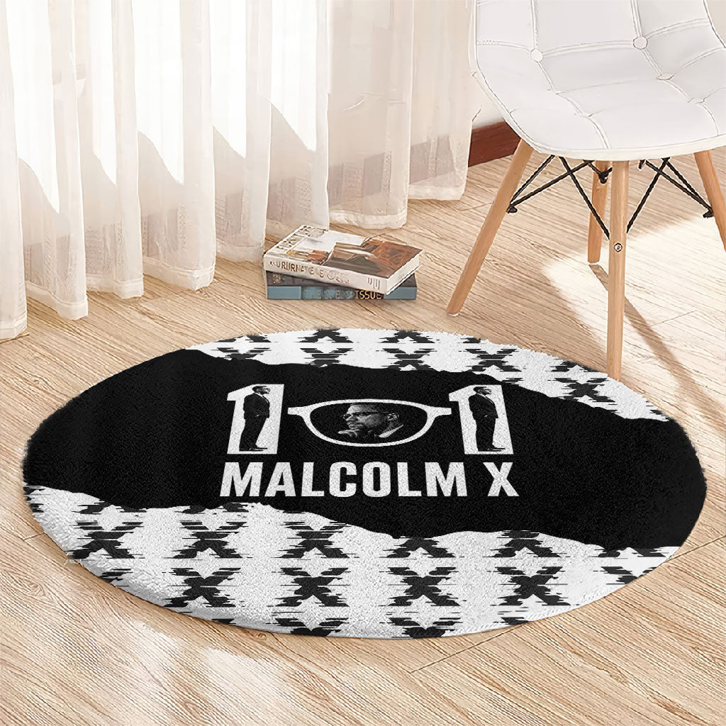 Malcolm X 101 Years Of Resistance Round Carpet Civil Rights Leader Portrait - Monochrome X Pattern