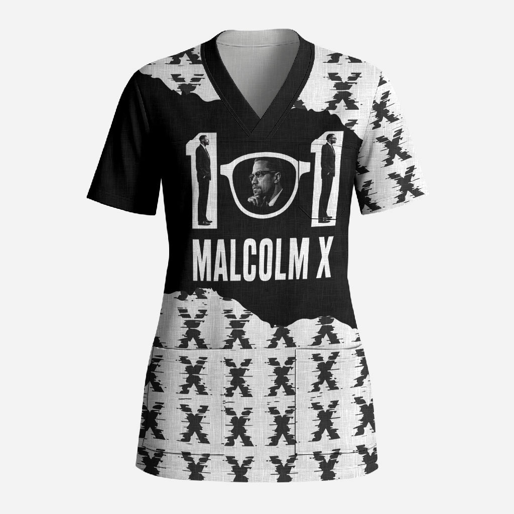 Malcolm X 101 Years Of Resistance Scrub Top Civil Rights Leader Portrait - Monochrome X Pattern