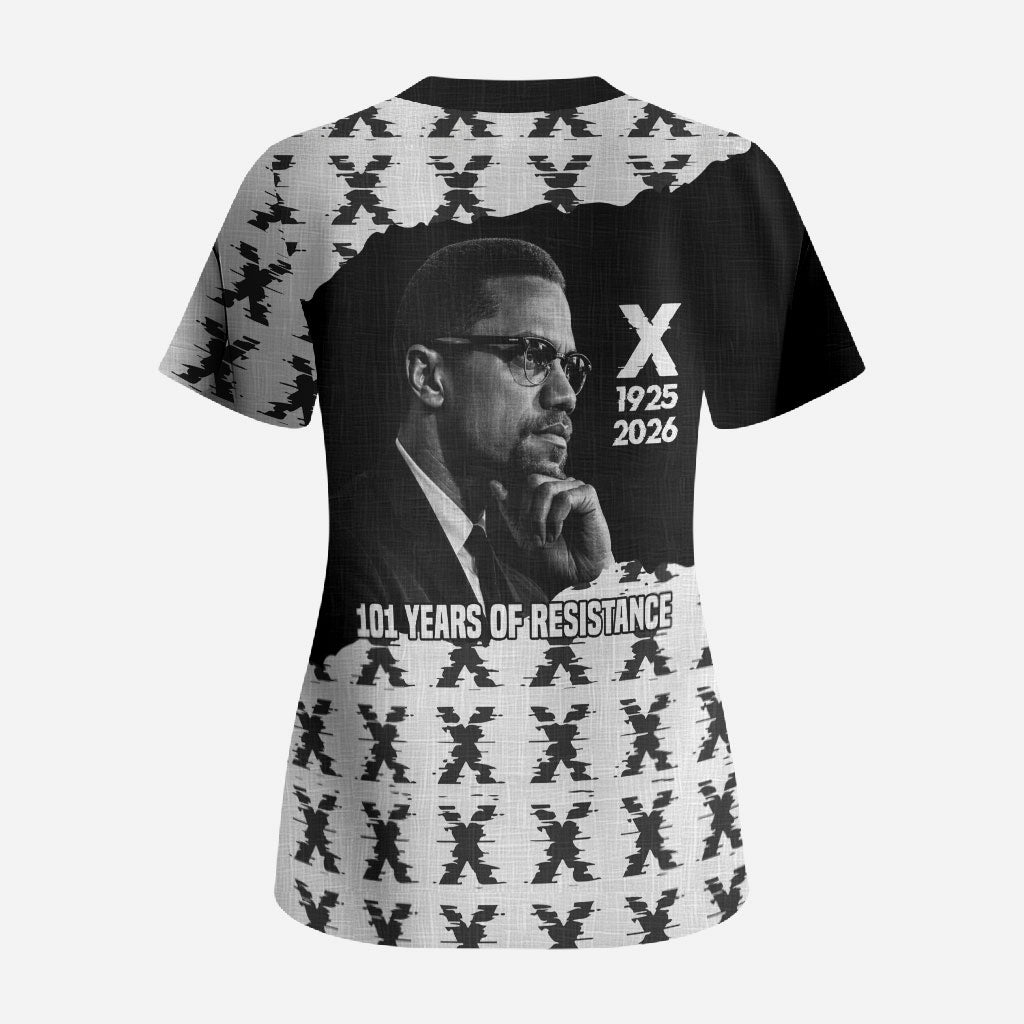 Malcolm X 101 Years Of Resistance Scrub Top Civil Rights Leader Portrait - Monochrome X Pattern