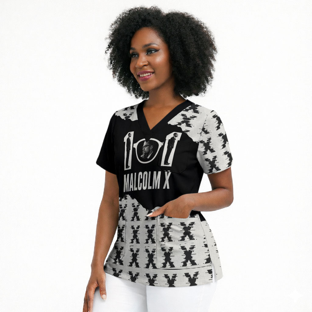 Malcolm X 101 Years Of Resistance Scrub Top Civil Rights Leader Portrait - Monochrome X Pattern