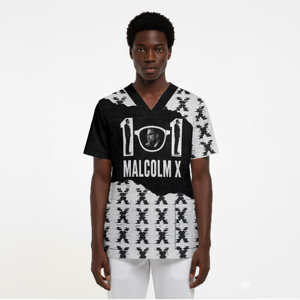 Malcolm X 101 Years Of Resistance Scrub Top Civil Rights Leader Portrait - Monochrome X Pattern