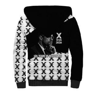 Malcolm X 101 Years Of Resistance Sherpa Hoodie Civil Rights Leader Portrait - Monochrome X Pattern
