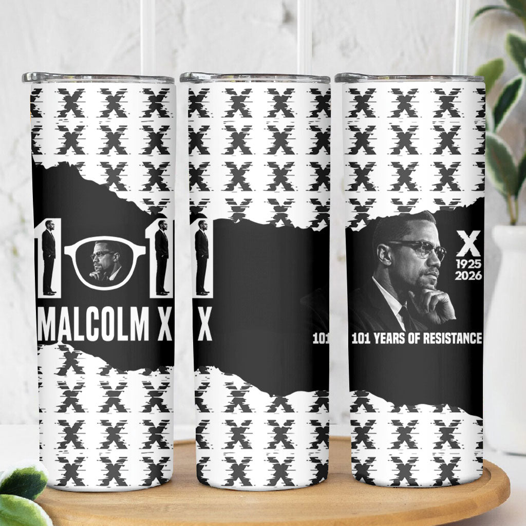 Malcolm X 101 Years Of Resistance Skinny Tumbler Civil Rights Leader Portrait - Monochrome X Pattern