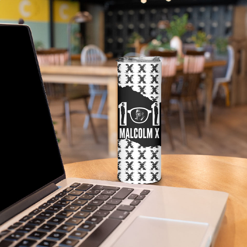 Malcolm X 101 Years Of Resistance Skinny Tumbler Civil Rights Leader Portrait - Monochrome X Pattern