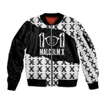 Malcolm X 101 Years Of Resistance Sleeve Zip Bomber Jacket Civil Rights Leader Portrait - Monochrome X Pattern