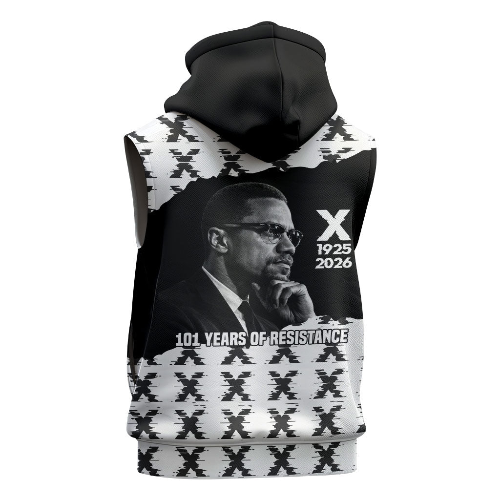 Malcolm X 101 Years Of Resistance Sleeveless Hoodie Civil Rights Leader Portrait - Monochrome X Pattern