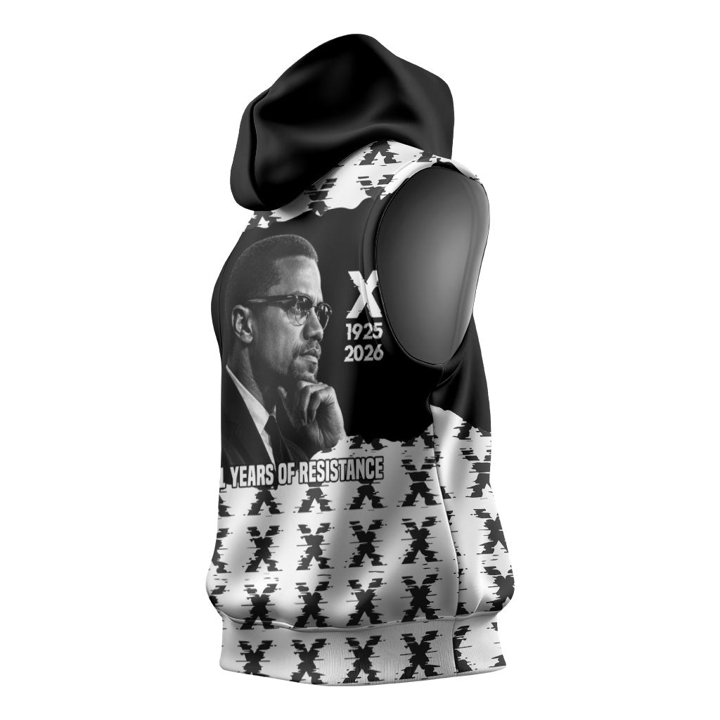 Malcolm X 101 Years Of Resistance Sleeveless Hoodie Civil Rights Leader Portrait - Monochrome X Pattern