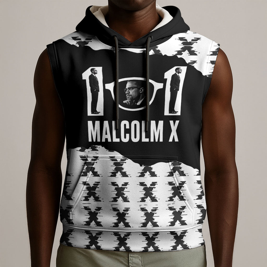Malcolm X 101 Years Of Resistance Sleeveless Hoodie Civil Rights Leader Portrait - Monochrome X Pattern
